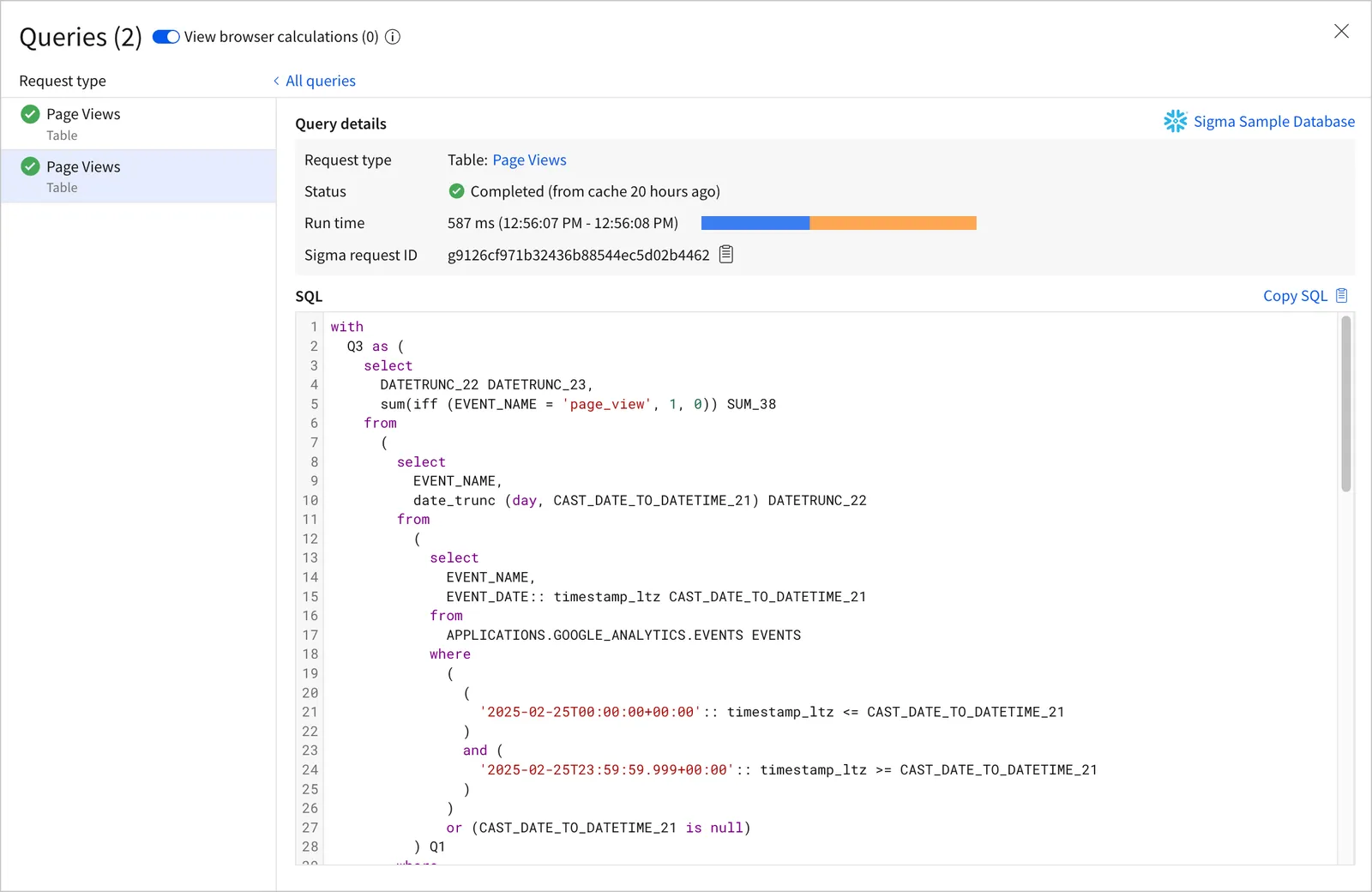 Query history with 2 queries shown, viewing details for one query.
