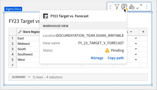 Hovering over the view warehouse view info option in the element toolbar to view the location, view name, and status of the view. This one is pending.