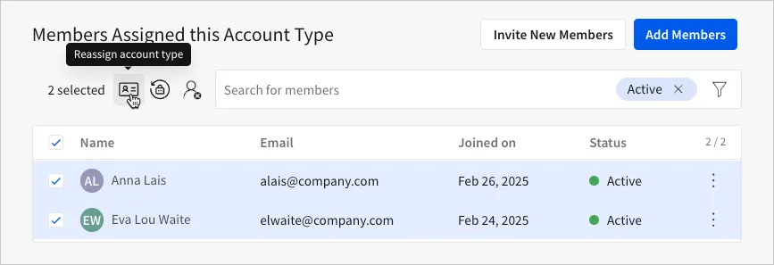 The "Members Assigned this Account Type" section with the cursor hovering over the "Reassign account type" icon.