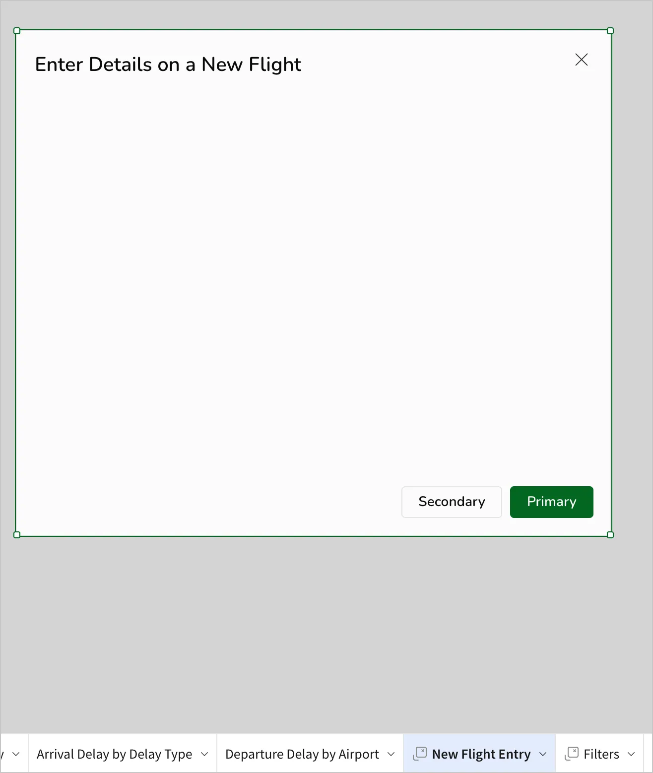 The new modal, titled Enter Details on a New Flight