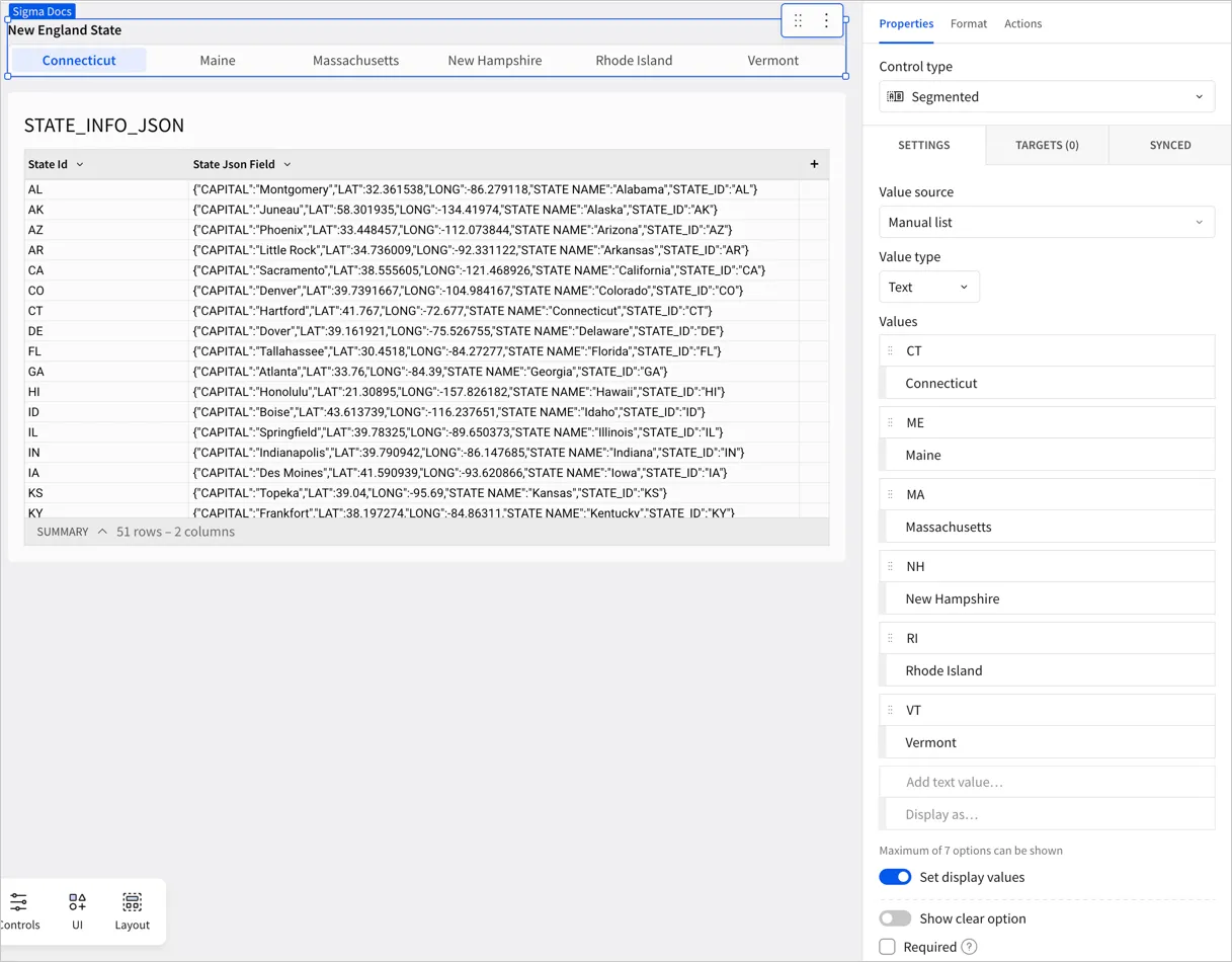 The Properties panel for a segmented control set to a manual list of New England states, with full state names as display values and abbreviations as data values, beside the STATE_INFO_JSON data table.