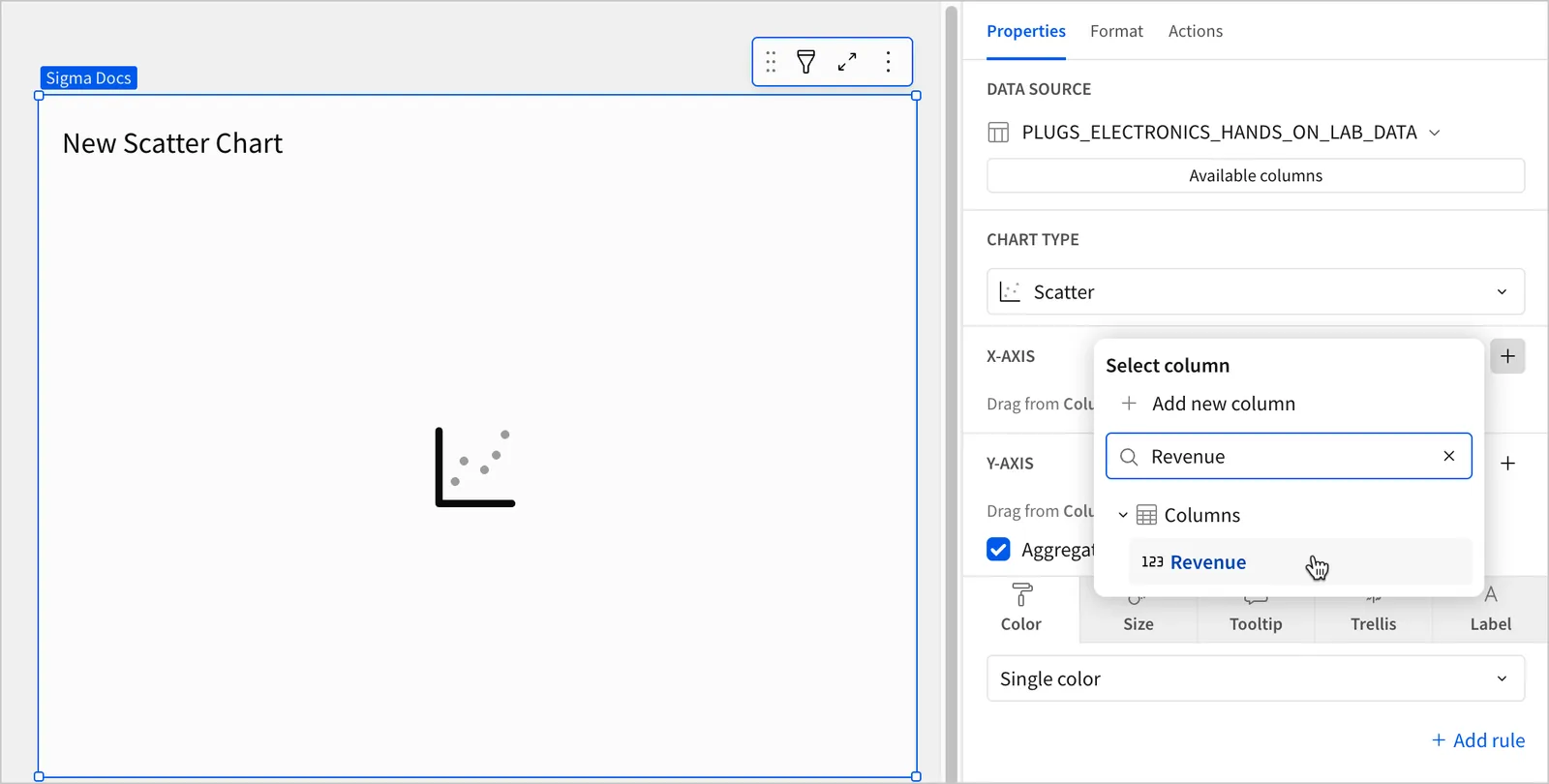 A new scatter chart in Sigma with the Properties panel open. The Select column popover is open on the X-axis field, with 'Revenue' entered in the search box and the Revenue column highlighted in the results.