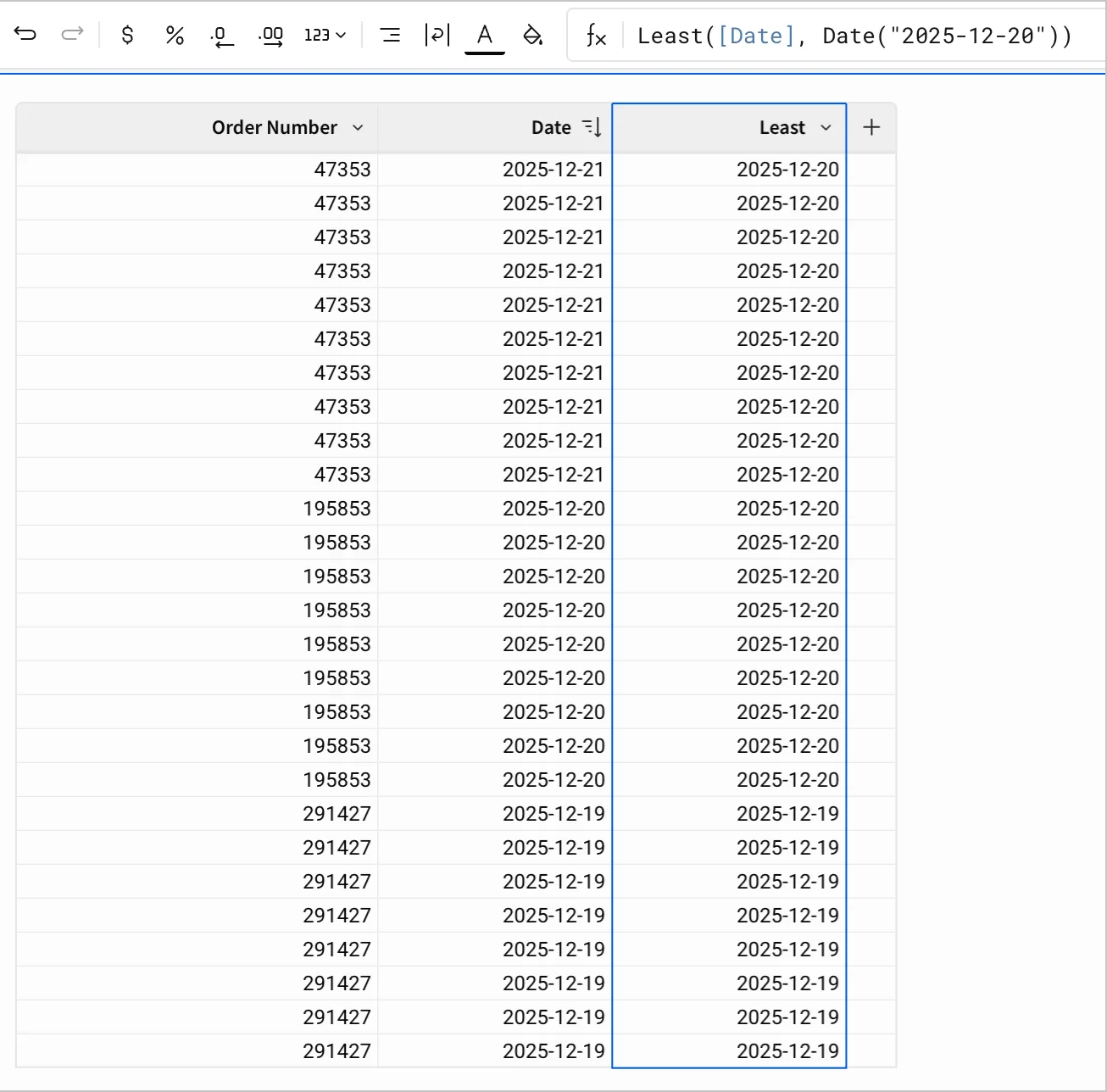 A table with three columns, Order Number, Date, and Least. The Least column shows the earlier of the two dates between "2025-12-20" and the date in the Date column for each row