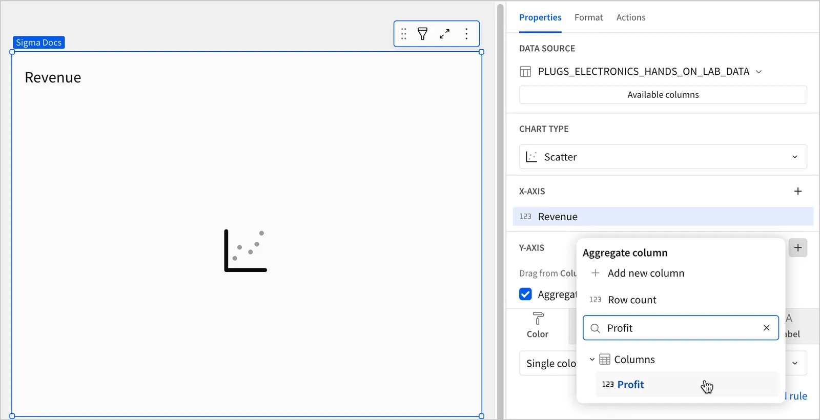 A scatter chart in Sigma with the Properties panel open. The Aggregate column popover is open on the Y-axis field, with 'Profit' entered in the search box and the Profit column highlighted in the results. Revenue is already configured as the X-axis.