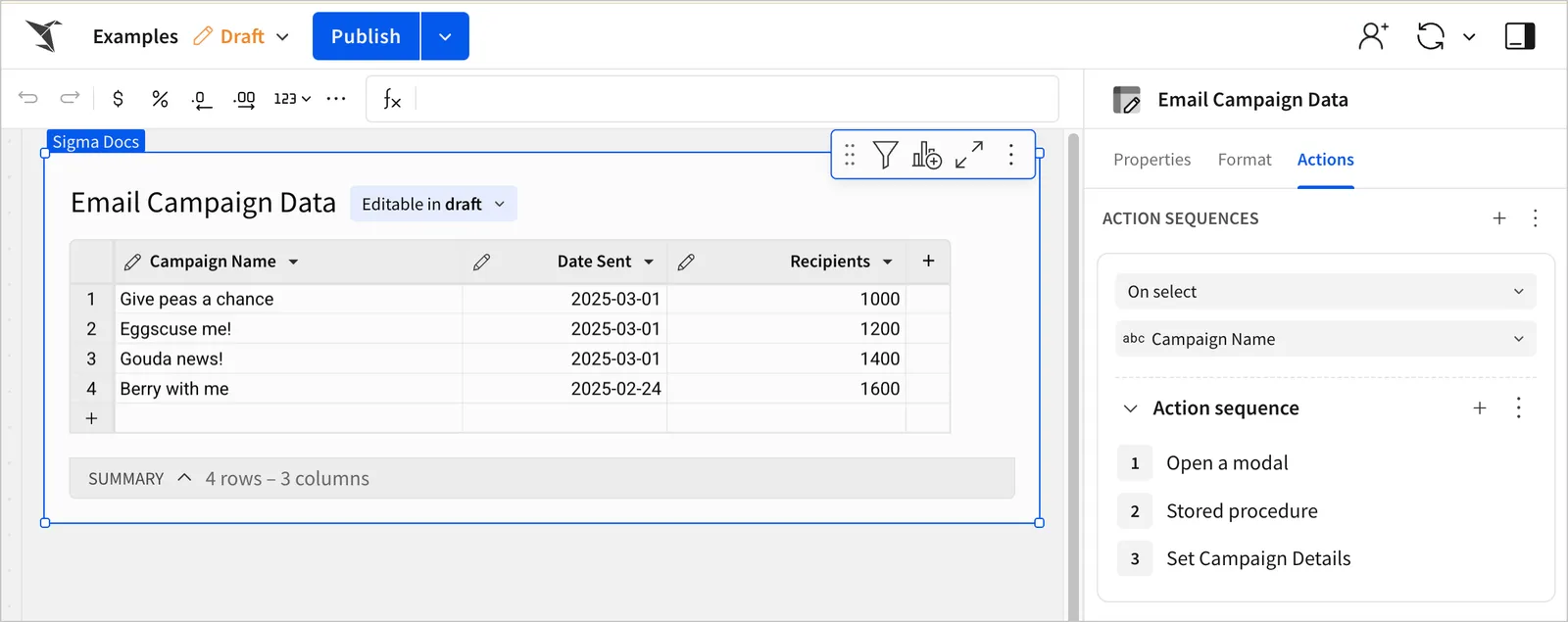 Input table with an action sequence configured On select of the Campaign Name column to open a modal, call a stored procedure, and set the Campaign Details control element.