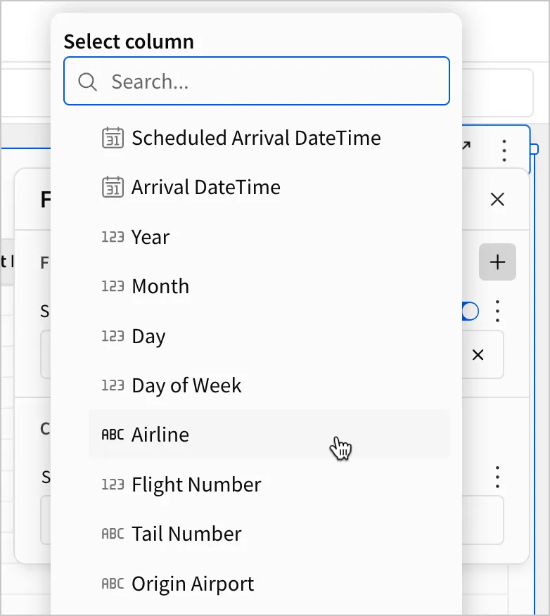 In the Select column modal, a user selects the Airline column