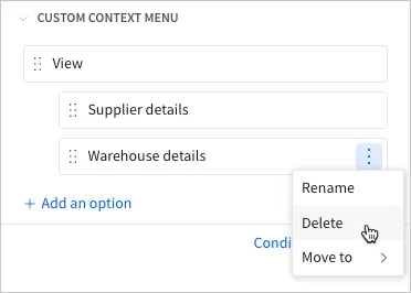 The More menu for Warehouse details is open with Rename, Delete, and Move to options, and the cursor hovering over Delete.