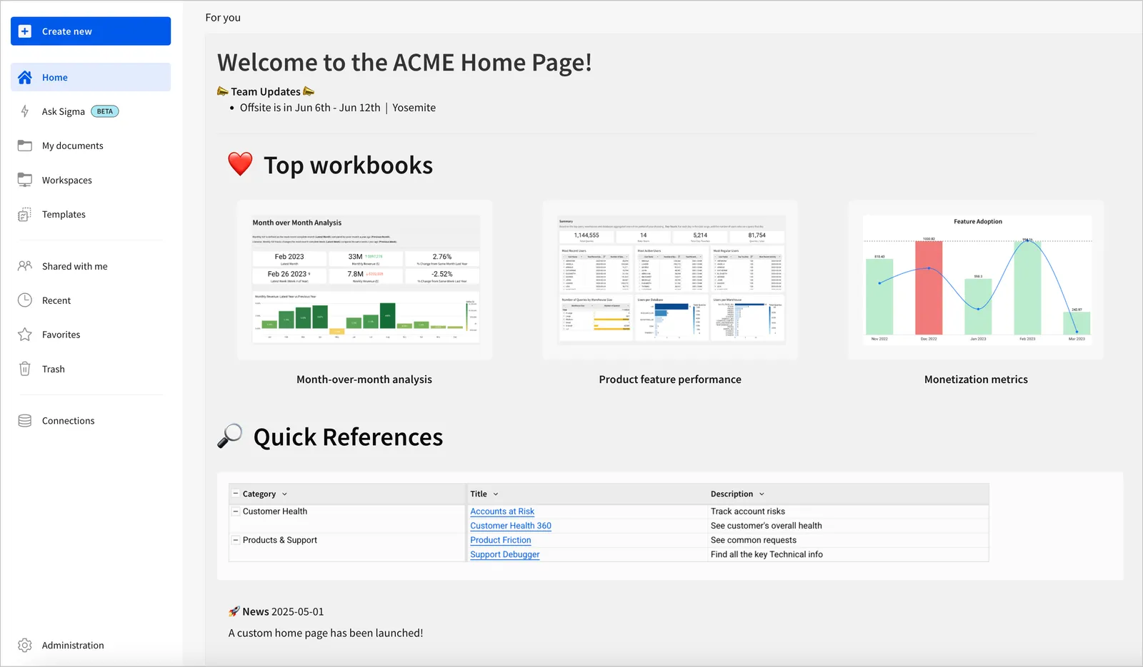 Example custom home page embedded in the Sigma Home page, showing example team updates, top workbooks, popular metrics