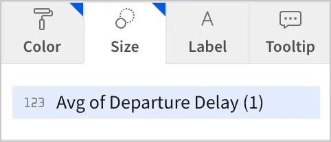 In the Size options, Avg of Departure Delay is set as the column that determines the dot size
