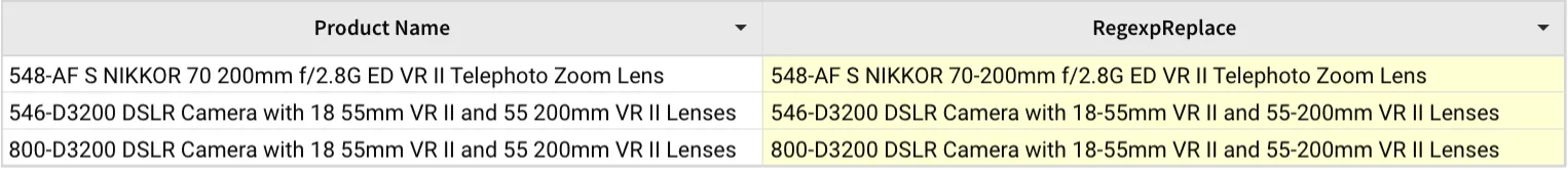 In a table with columns Product Name and RegexpReplace, any measurement range without a dash between the two ends has one added