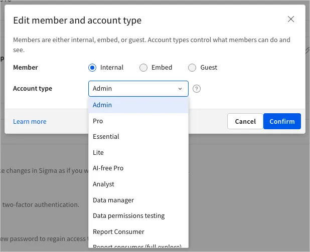 The Edit member and account type dialog with Member offering Internal, Embed, and Guest options and Internal selected, and the Account type dropdown open on Admin showing Pro, Essential, Lite, and other account types.