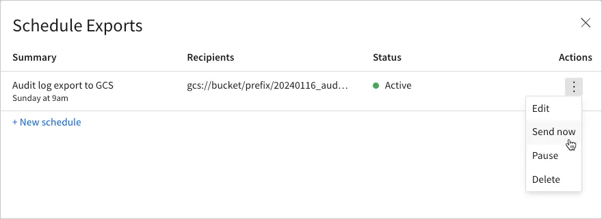 Schedule exports summary showing one schedule configured to export to GCS bucket once a week on Sunday mornings.