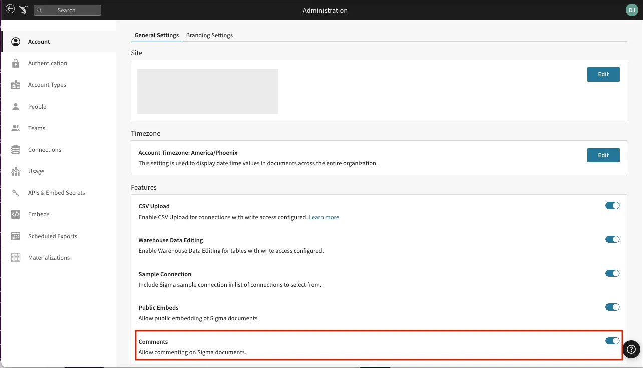 The Features section of the Account page in the Administration portal, with the Comments row outlined in red and its toggle turned on.