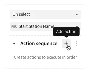 An empty action sequence for the Start Station Name trigger with the cursor hovering over the Add action button.