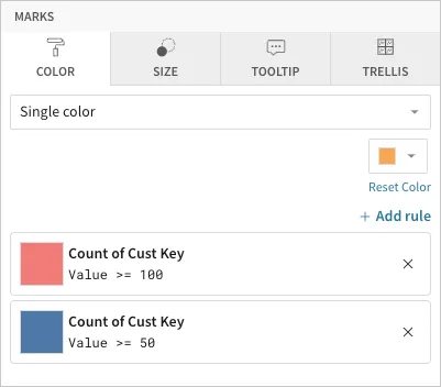 The Color section of the Properties tab with two conditional formatting rules configured for Count of Cust Key. Values greater than or equal to 100 are displayed in salmon pink, and values greater than or equal to 50 are displayed in blue.