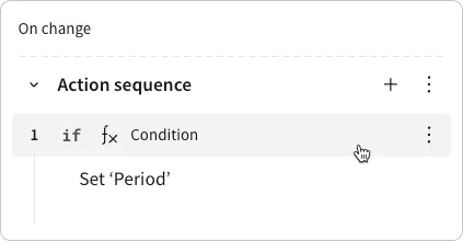 An action sequence containing only the "if" component of an if/else statement, and a cursor hovering over the "if" condition.