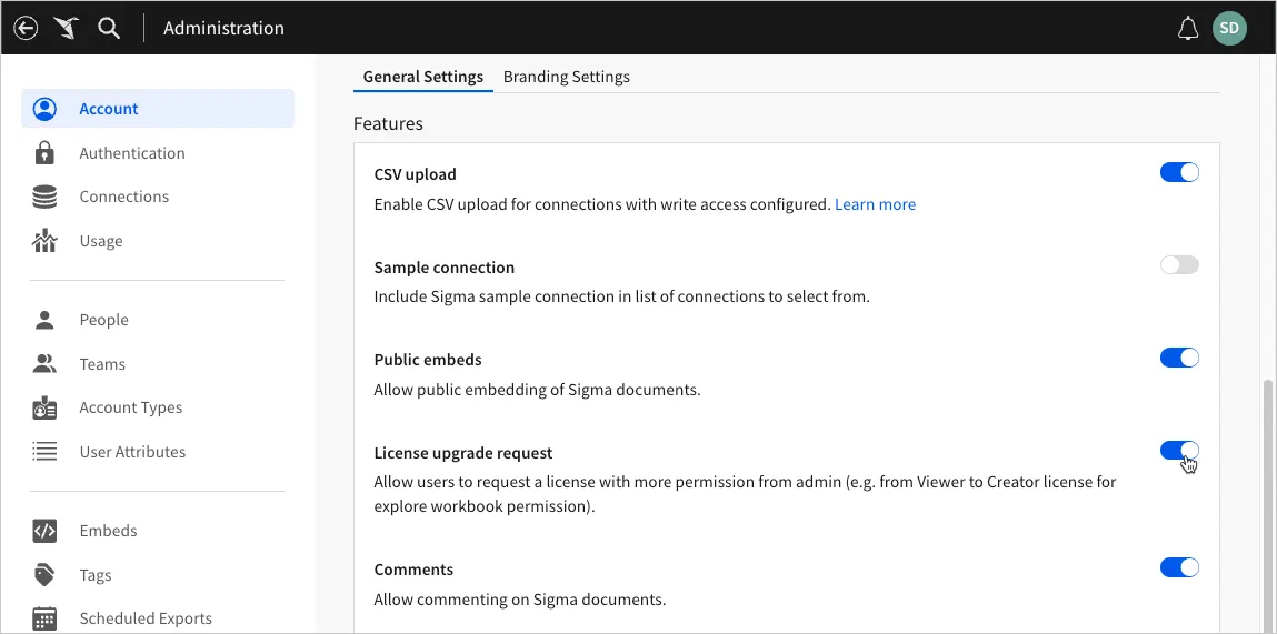 Admin portal general settings, with the toggle switch for license upgrade request selected to the on position.