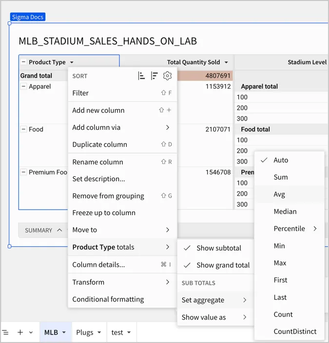 Column menu open showing Product Type totals with Set aggregate selected and Avg hovered over in the last submenu.
