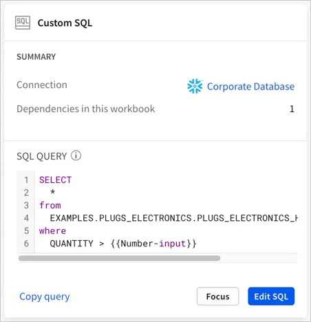 After selecting the custom SQL element in the lineage view, review the summary of the connection and the SQL query itself, with options to copy query, focus the element in lineage, or edit the SQL.