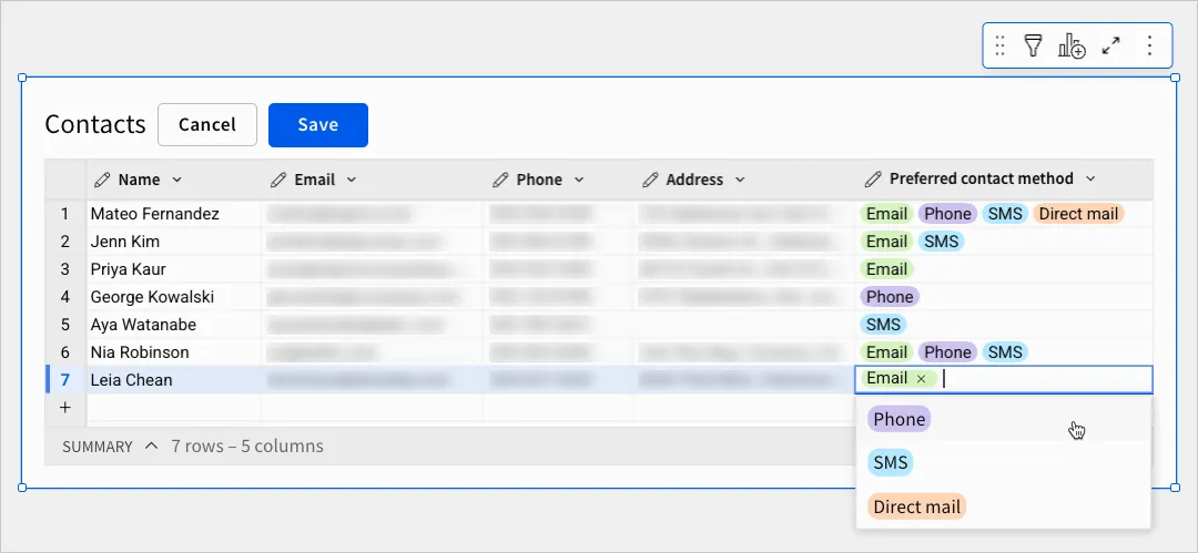 Image showing a multi-select column populated with selected values and the option dropdown open for the last row.