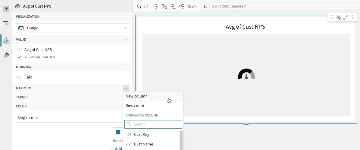 Maximum property + menu open in the New Gauge editor with Minimum already set to Calc, showing New column, Row count, and an Aggregate column list.