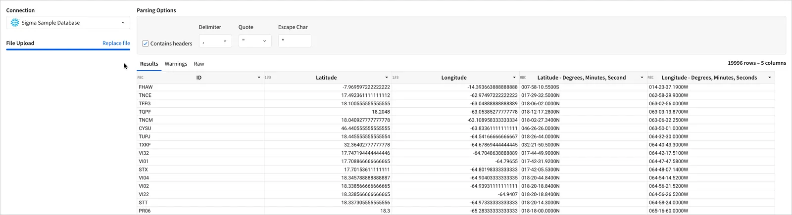 In the Parsing options, some settings Connection, and custom Delimiter options are shown
