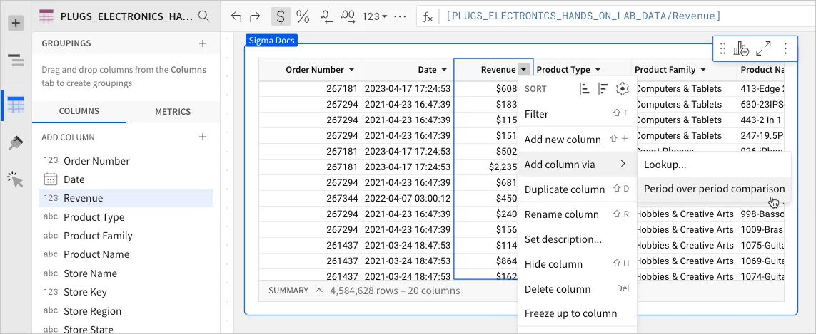 The Revenue column menu with Add column via expanded, showing Lookup and Period over period comparison, with the cursor on Period over period comparison.