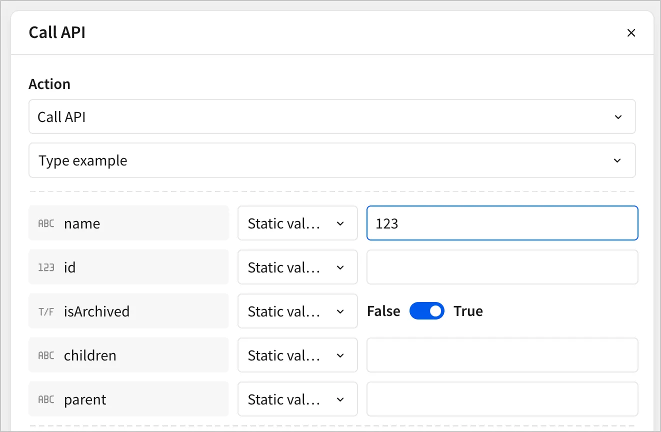 An example Call API action configured with a static value of 123 on a dynamic value with the type Text