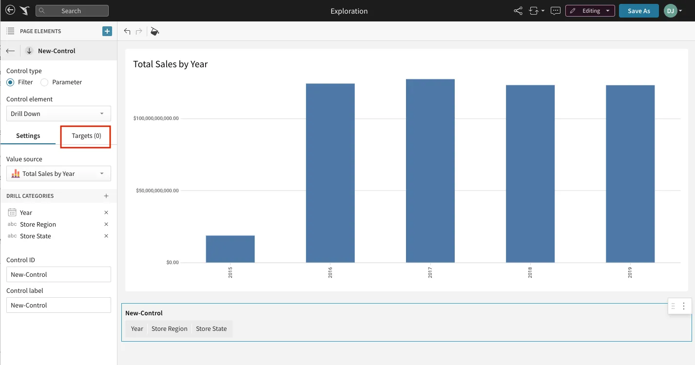 The Targets tab for an existing Drill Down control with Add Target open and Sales by Year available to select.