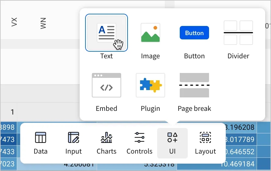 In the Add element bar, a user selects UI and then selects the option for a Text element