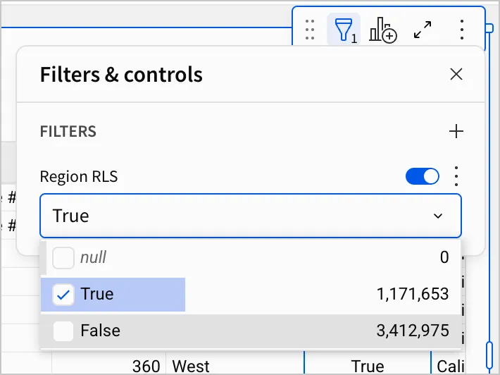 Filters and controls option open on the data model table, with a list values filter on the Region RLS column enabled and the value True selected.