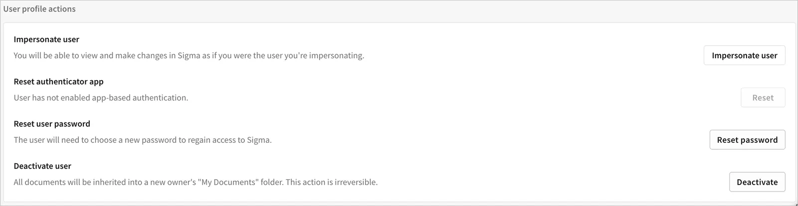 User profile actions section of a user detail page in the Admin portal, with options to reset authenticator app, reset user password, deactivate user, or impersonate user.